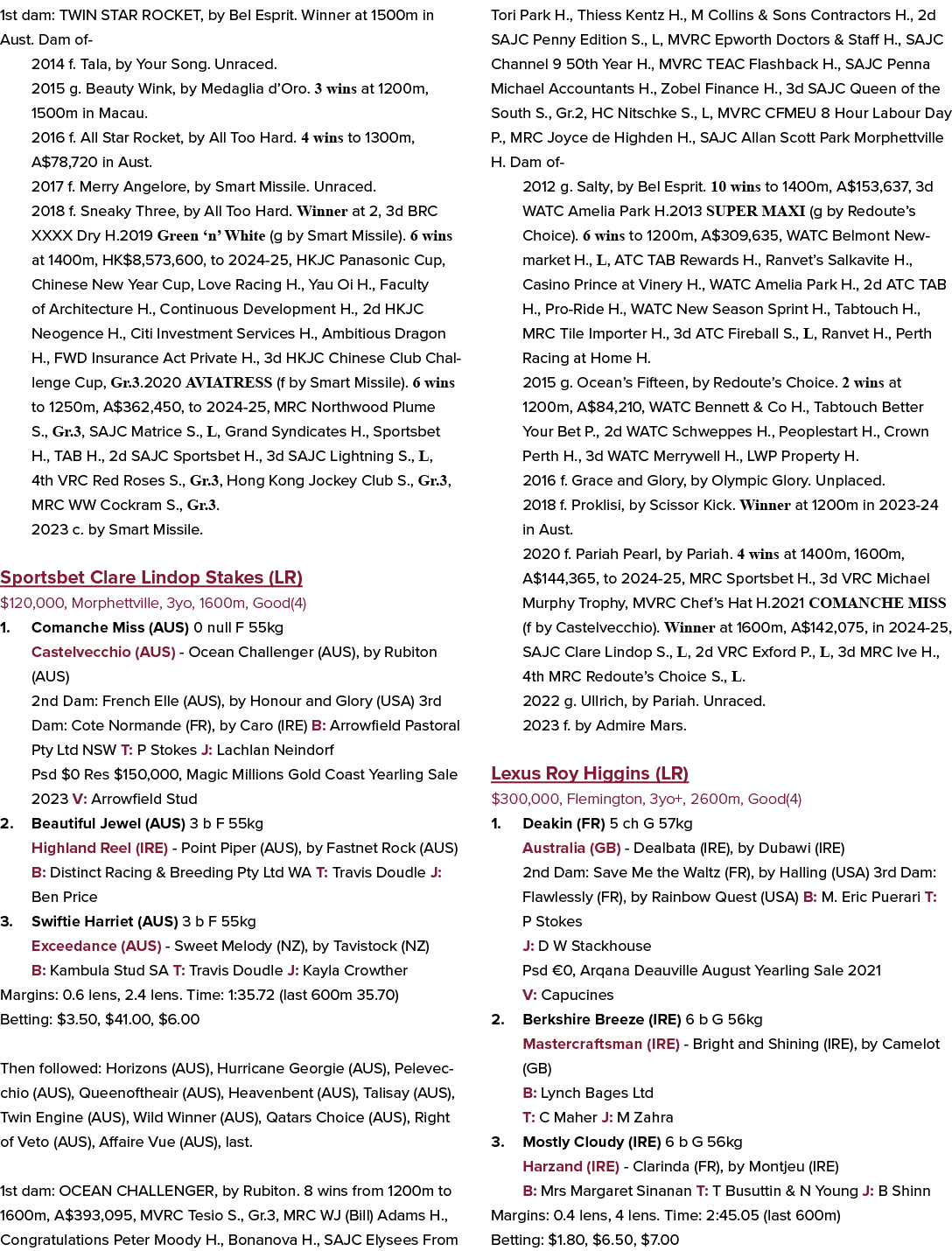 1st dam: TWIN STAR ROCKET, by Bel Esprit. Winner at 1500m in Aust. Dam of 2014 f. Tala, by Your Song. Unraced. 2015 g...
