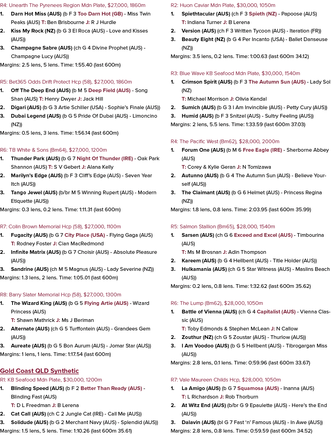 R4: Unearth The Pyrenees Region Mdn Plate, $27,000, 1860m 1. Darn Hot Miss (AUS) (b F 3 Too Darn Hot (GB) Miss Twin P...