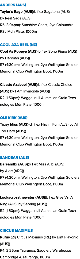 Anders (AUS) Taylor’s Rage (AUS)(b f ex Sagatona (AUS) by Real Saga (AUS)) R5 (3:04pm): Sunshine Coast, 2yo Caloundra...