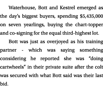 Waterhouse, Bott and Kestrel emerged as the day’s biggest buyers, spending $5,435,000 on seven yearlings, buying the ...