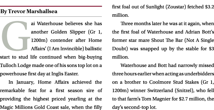 ￼ Gai Waterhouse believes she has another Golden Slipper (Gr 1, 1200m) contender after Home Affairs’ (I Am Invincible...