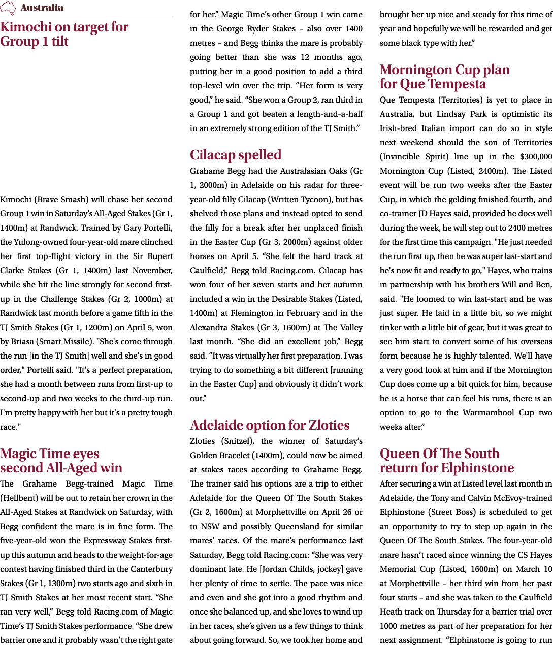 ￼ Kimochi on target for Group 1 tilt Kimochi (Brave Smash) will chase her second Group 1 win in Saturday’s All Aged S...