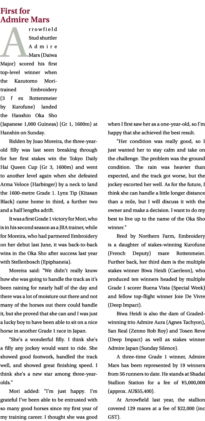 First for Admire Mars Arrowfield Stud shuttler Admire Mars (Daiwa Major) scored his first top level winner when the K...