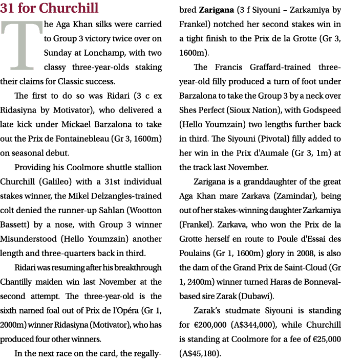 31 for Churchill The Aga Khan silks were carried to Group 3 victory twice over on Sunday at Lonchamp, with two classy...