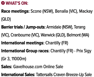 ￼ What's on: Race meetings: Scone (NSW), Benalla (VIC), Mackay (QLD) Barrier trials / Jump outs: Armidale (NSW), Tera...