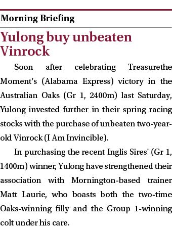  ￼ Yulong buy unbeaten Vinrock Soon after celebrating Treasurethe Moment's (Alabama Express) victory in the Australia...