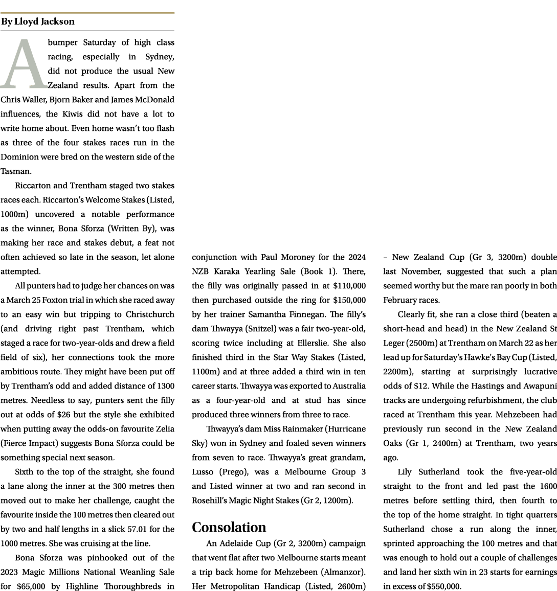 ￼ A bumper Saturday of high class racing, especially in Sydney, did not produce the usual New Zealand results. Apart ...