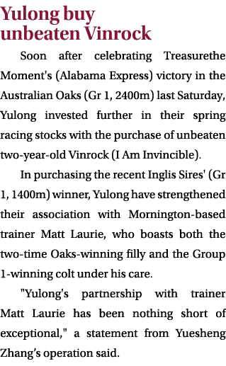 Yulong buy unbeaten Vinrock Soon after celebrating Treasurethe Moment's (Alabama Express) victory in the Australian O...