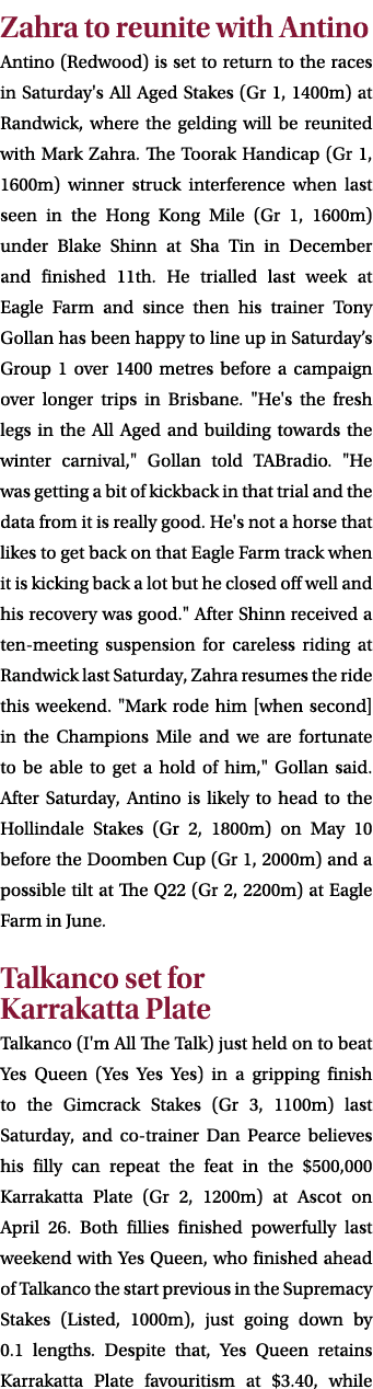 Zahra to reunite with Antino Antino (Redwood) is set to return to the races in Saturday's All Aged Stakes (Gr 1, 1400...