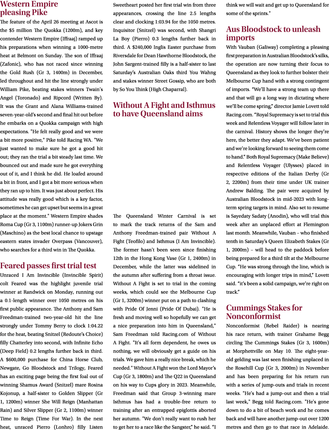 Western Empire pleasing Pike The feature of the April 26 meeting at Ascot is the $5 million The Quokka (1200m), and k...