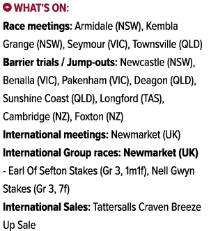 ￼ What's on: Race meetings: Armidale (NSW), Kembla Grange (NSW), Seymour (VIC), Townsville (QLD) Barrier trials / Jum...