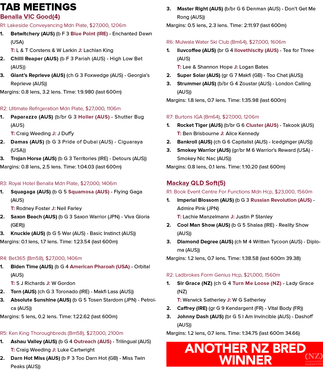 Tab Meetings Benalla VIC Good(4) R1: Lakeside Conveyancing Mdn Plate, $27,000, 1206m 1. Betwitchery (AUS) (b F 3 Blue...