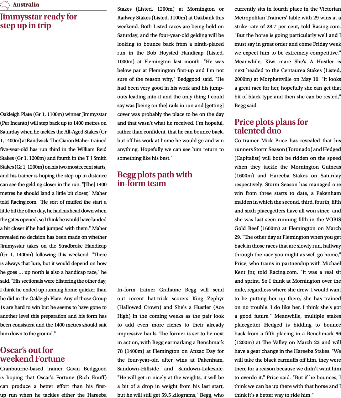 ￼ Jimmysstar ready for step up in trip Oakleigh Plate (Gr 1, 1100m) winner Jimmysstar (Per Incanto) will step back up...