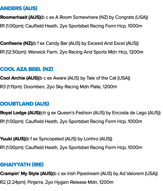Anders (AUS) Roomerhasit (AUS)(b c ex A Room Somewhere (NZ) by Congrats (USA)) R1 (1:00pm): Caulfield Heath, 2yo Spor...