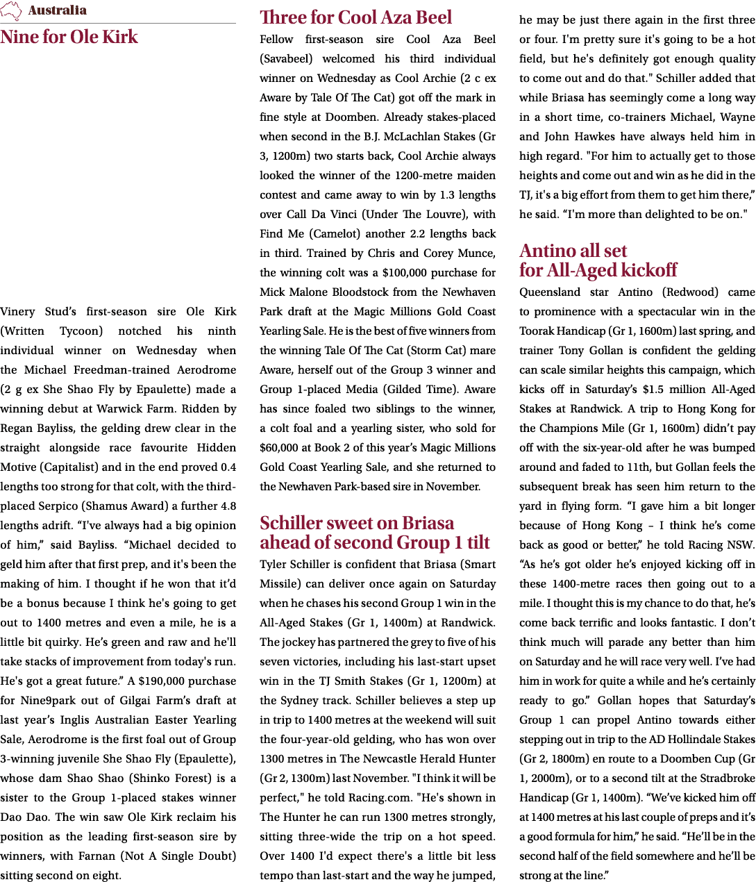 ￼ Nine for Ole Kirk Vinery Stud’s first season sire Ole Kirk (Written Tycoon) notched his ninth individual winner on ...