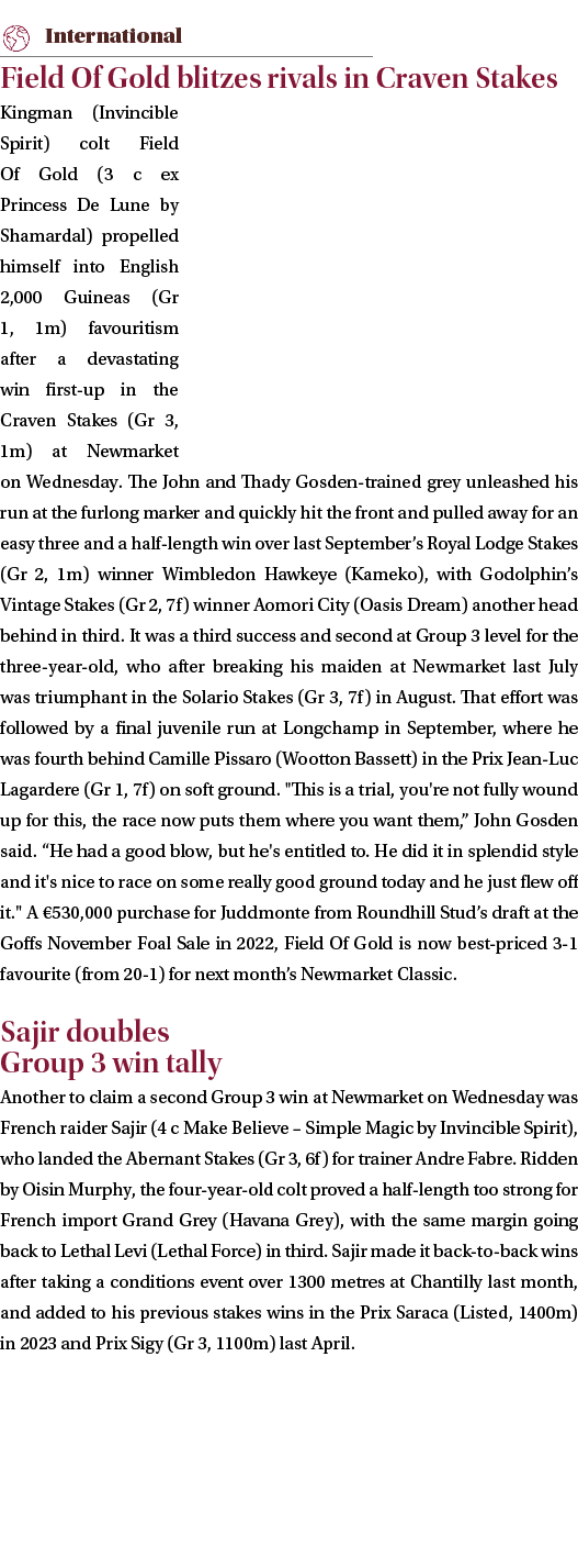 ￼ Field Of Gold blitzes rivals in Craven Stakes Kingman (Invincible Spirit) colt Field Of Gold (3 c ex Princess De Lu...