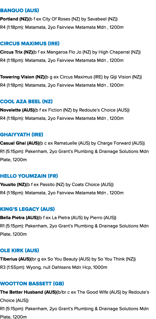 Banquo (AUS) Portland (NZ)(b f ex City Of Roses (NZ) by Savabeel (NZ)) R4 (1:18pm): Matamata, 2yo Fairview Matamata M...