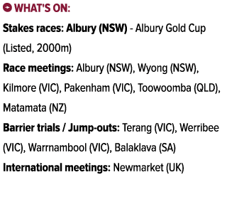 ￼ What's on: Stakes races: Albury (NSW) Albury Gold Cup (Listed, 2000m) Race meetings: Albury (NSW), Wyong (NSW), Kil...