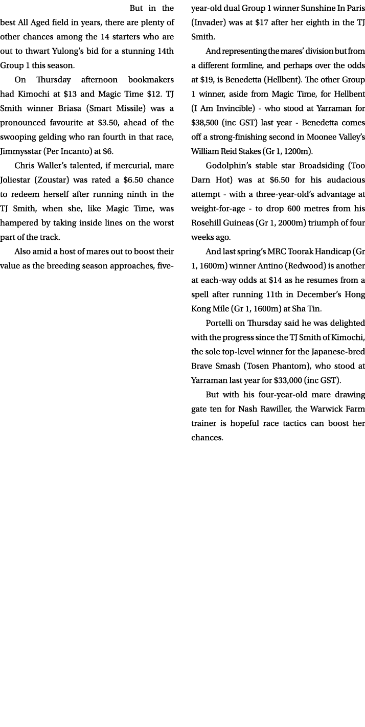 But in the best All Aged field in years, there are plenty of other chances among the 14 starters who are out to thwar...