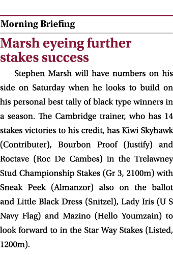  ￼ Marsh eyeing further stakes success Stephen Marsh will have numbers on his side on Saturday when he looks to build...