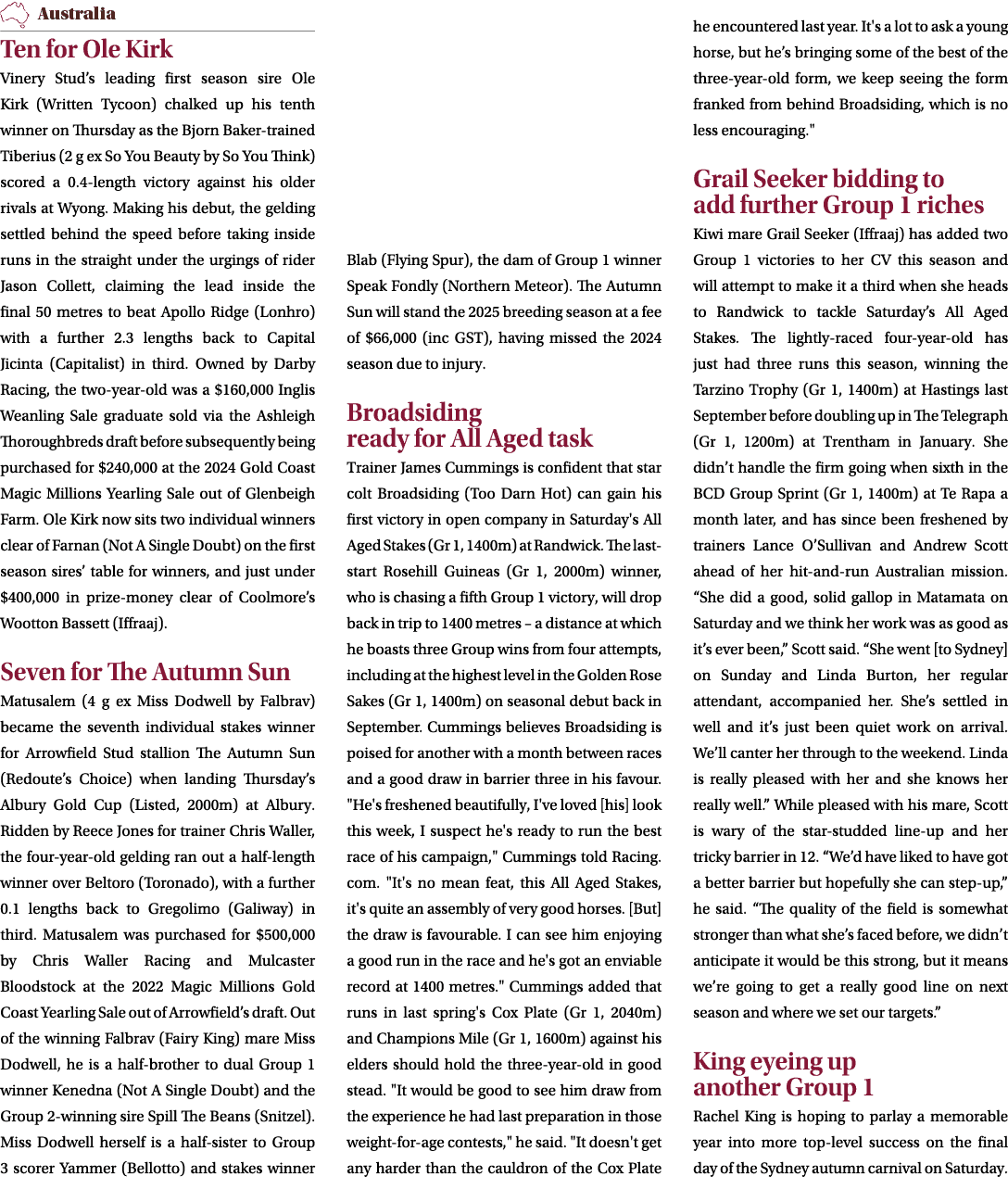 ￼ Ten for Ole Kirk Vinery Stud’s leading first season sire Ole Kirk (Written Tycoon) chalked up his tenth winner on T...