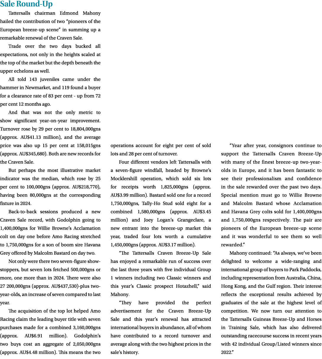 Sale Round Up Tattersalls chairman Edmond Mahony hailed the contribution of two “pioneers of the European breeze up s...