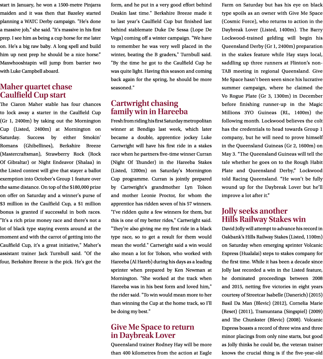 start in January, he won a 1500 metre Pinjarra maiden and it was then that Bazeley started planning a WATC Derby camp...