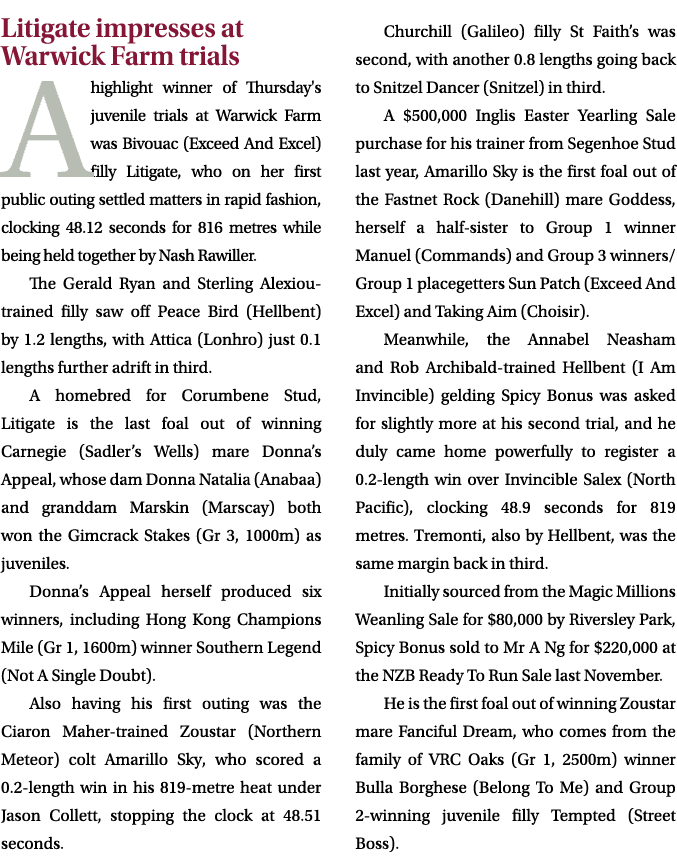 Litigate impresses at Warwick Farm trials A highlight winner of Thursday's juvenile trials at Warwick Farm was Bivoua...