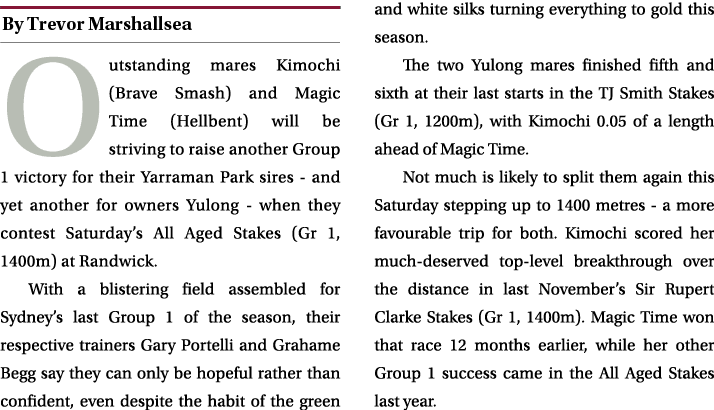 ￼ Outstanding mares Kimochi (Brave Smash) and Magic Time (Hellbent) will be striving to raise another Group 1 victory...