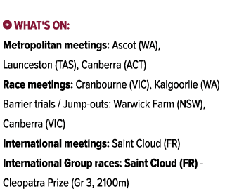  ￼ What's on: Metropolitan meetings: Ascot (WA), Launceston (TAS), Canberra (ACT) Race meetings: Cranbourne (VIC), Ka...