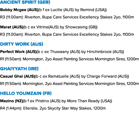 Ancient Spirit (GER) Bobby Mcgee (AUS)(b f ex Lucille (AUS) by Remind (USA)) R3 (11.00am): Riverton, Bupa Care Servic...