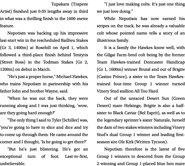 Tupakara (Trapeze Artist) finished just 0.05 lengths away in third in what was a thrilling finish to the 1600 metre f...