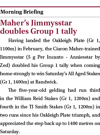  ￼ Maher’s Jimmysstar doubles Group 1 tally Having landed the Oakleigh Plate (Gr 1, 1100m) in February, the Ciaron Ma...