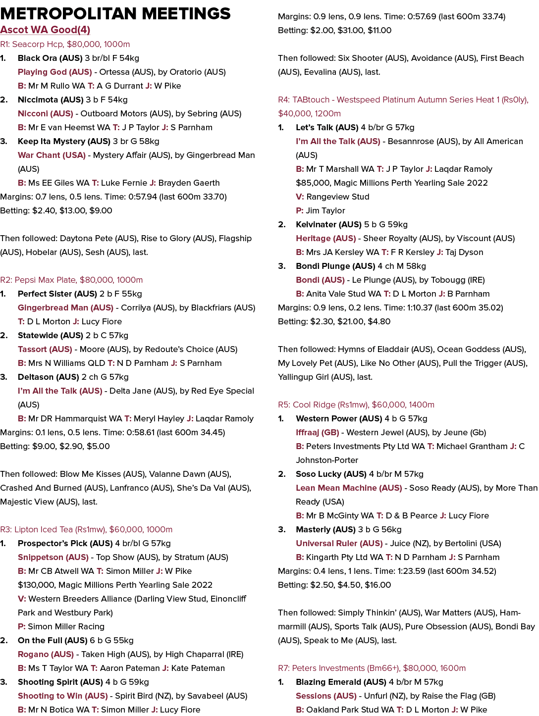 Metropolitan Meetings Ascot WA Good(4) R1: Seacorp Hcp, $80,000, 1000m 1. Black Ora (AUS) 3 br/bl F 54kg Playing God ...