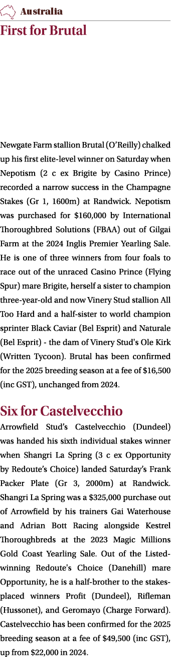 ￼ First for Brutal Newgate Farm stallion Brutal (O’Reilly) chalked up his first elite level winner on Saturday when N...