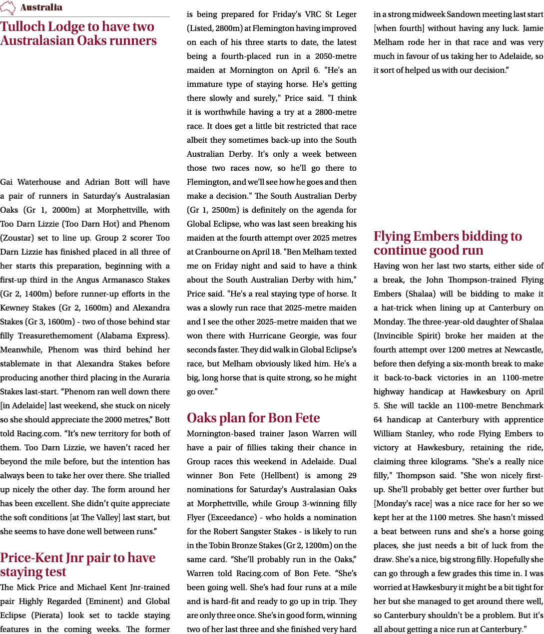 ￼ Tulloch Lodge to have two Australasian Oaks runners Gai Waterhouse and Adrian Bott will have a pair of runners in S...