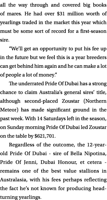 all the way through and covered big books of mares. He had over $31 million worth of yearlings traded in the market t...