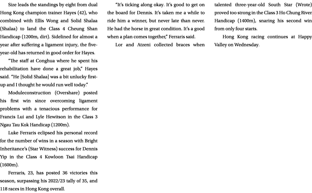 Size leads the standings by eight from dual Hong Kong champion trainer Hayes (42), who combined with Ellis Wong and S...