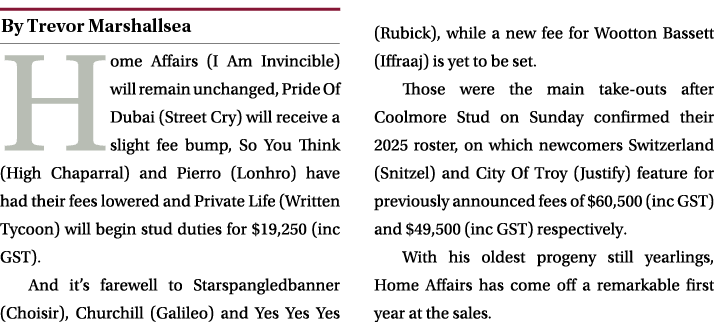 ￼ Home Affairs (I Am Invincible) will remain unchanged, Pride Of Dubai (Street Cry) will receive a slight fee bump, S...