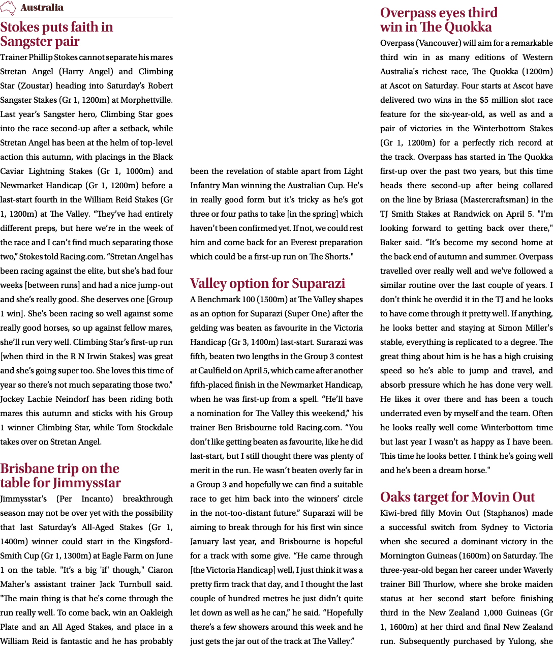 ￼ Stokes puts faith in Sangster pair Trainer Phillip Stokes cannot separate his mares Stretan Angel (Harry Angel) and...