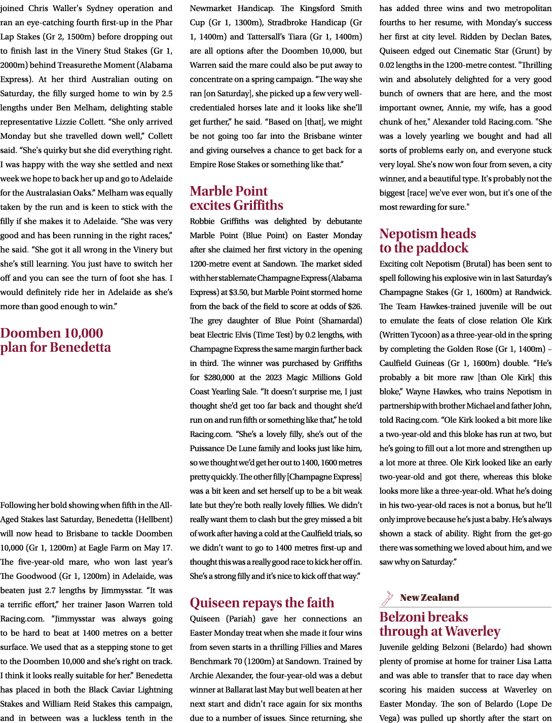 joined Chris Waller's Sydney operation and ran an eye catching fourth first up in the Phar Lap Stakes (Gr 2, 1500m) b...