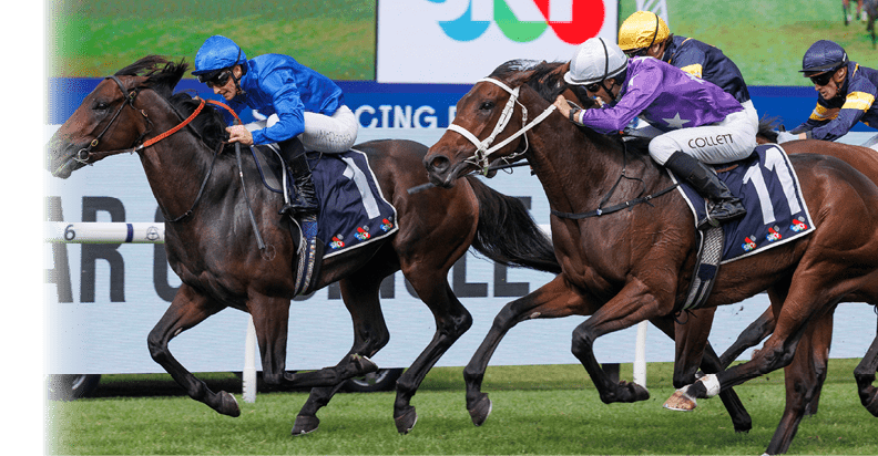 Broadsiding (James McDonald, inside, all blue) ttrained by James Cummings wins the Rosehill Guineas (Group 1) at Rosehill on March 22, 2025 - photo by Martin King/Sportpix copyright