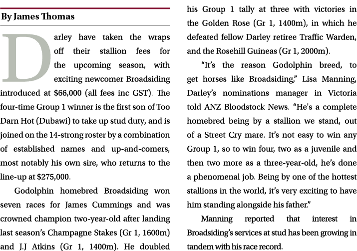 ￼ Darley have taken the wraps off their stallion fees for the upcoming season, with exciting newcomer Broadsiding int...