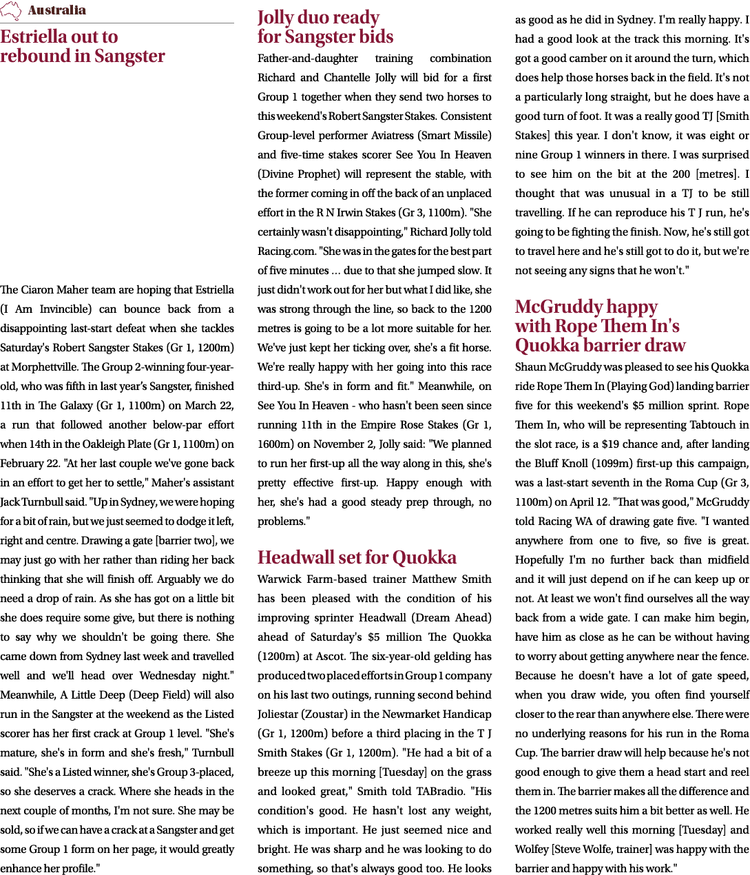 ￼ Estriella out to rebound in Sangster The Ciaron Maher team are hoping that Estriella (I Am Invincible) can bounce b...