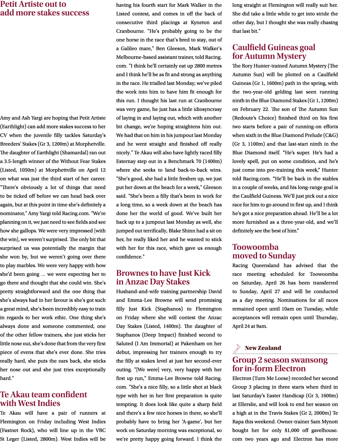 Petit Artiste out to add more stakes success Amy and Ash Yargi are hoping that Petit Artiste (Earthlight) can add mor...