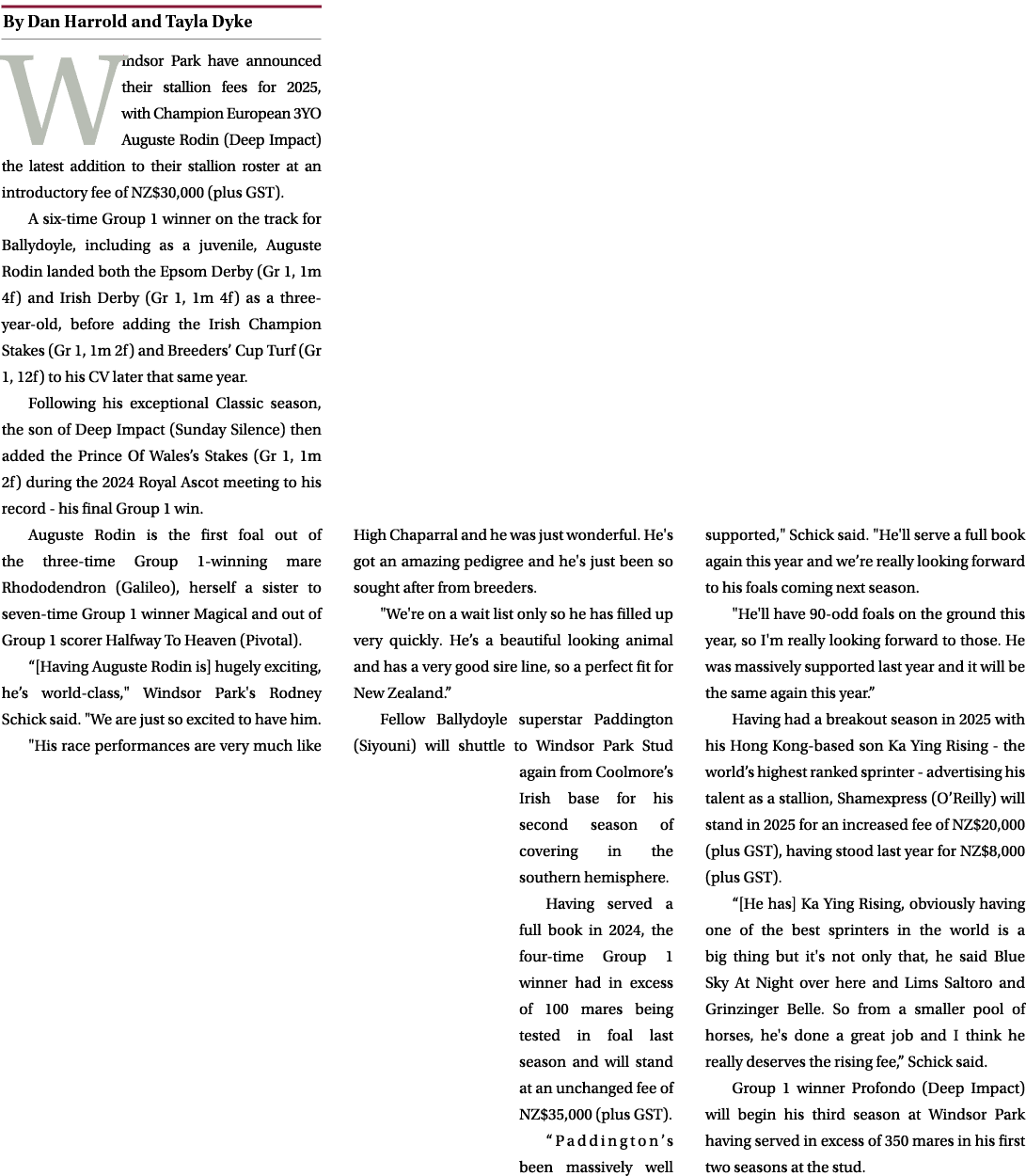 ￼ Windsor Park have announced their stallion fees for 2025, with Champion European 3YO Auguste Rodin (Deep Impact) th...