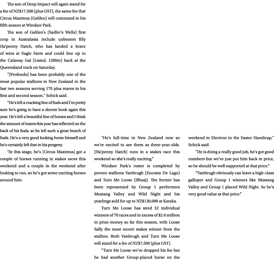 The son of Deep Impact will again stand for a fee of NZ$17,500 (plus GST), the same fee that Circus Maximus (Galileo)...