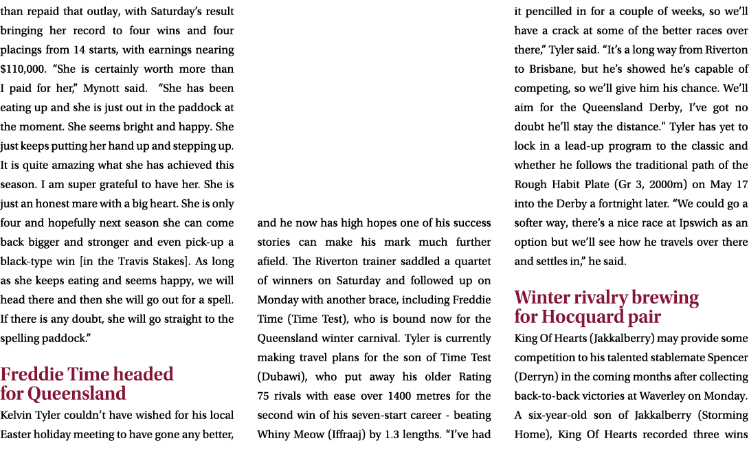 than repaid that outlay, with Saturday’s result bringing her record to four wins and four placings from 14 starts, wi...
