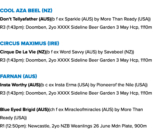 Cool Aza Beel (NZ) Don’t Tellyafather (AUS)(b f ex Sparkle (AUS) by More Than Ready (USA)) R3 (1:43pm): Doomben, 2yo ...