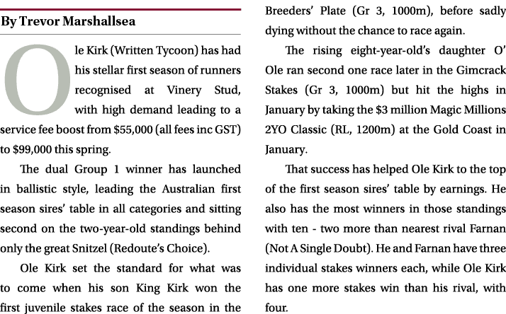 ￼ Ole Kirk (Written Tycoon) has had his stellar first season of runners recognised at Vinery Stud, with high demand l...